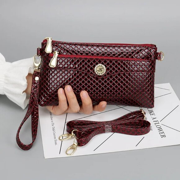 2/$30 Red Snake Skin Embossed Crossbody Bag Zipper Wristlet Clutch Phone Bag - Picture 1 of 10